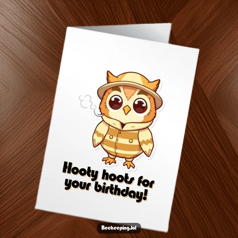 Funny Free Printable Owl Birthday Card: Cheerful owl beekeeper holds smoke, a wise and humorous DIY greeting.
