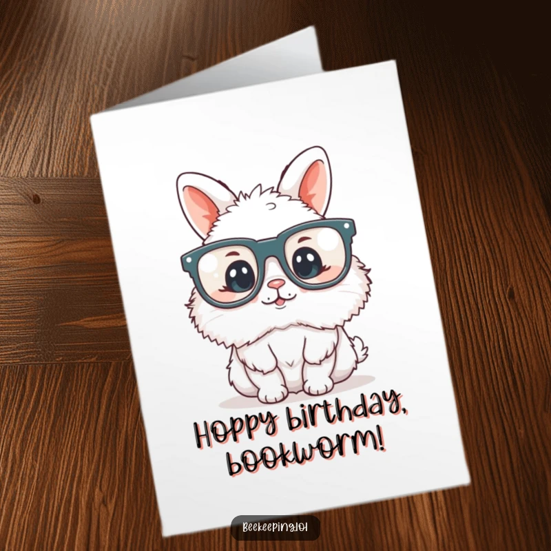 Funny Free Printable Birthday Card showing a fluffy bunny wearing oversized reading glasses, looking wise and ready to celebrate.