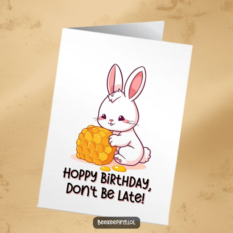 Funny Free Printable Birthday Card: Curious bunny peeking into a honeycomb, spreading joy and laughter on their special day.