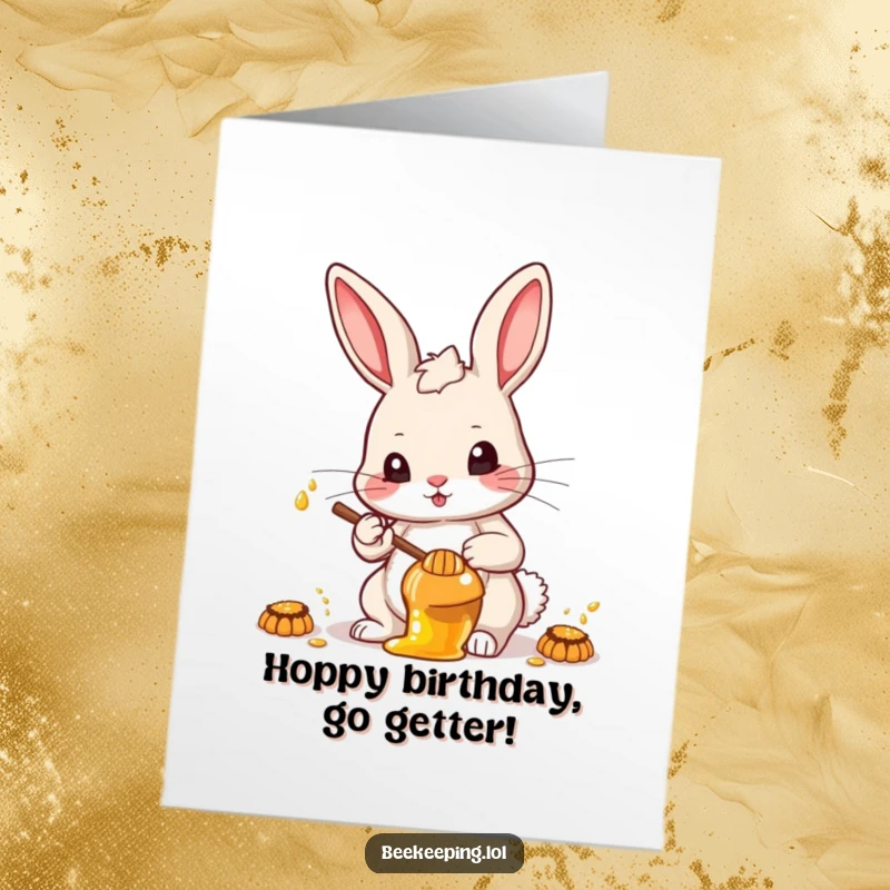 Free Printable Birthday Card: A determined cartoon rabbit focuses intently on collecting honey, ready for a birthday celebration.