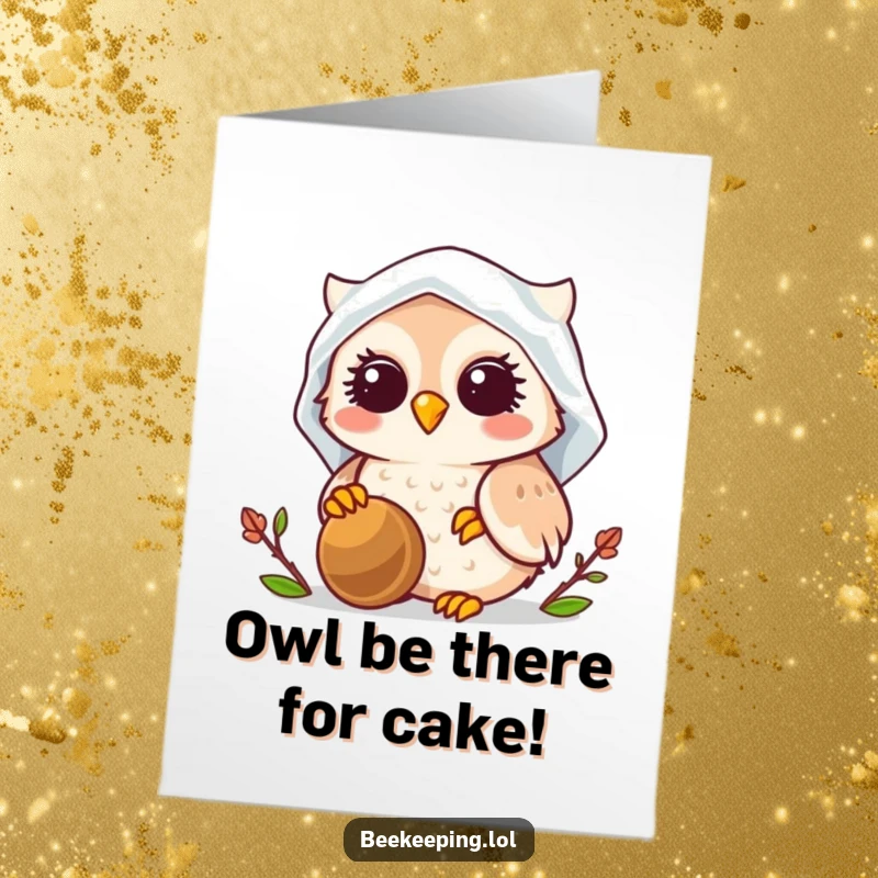 Funny free printable birthday card featuring a smiling owl in a veil, tending a beehive with a birthday wish.