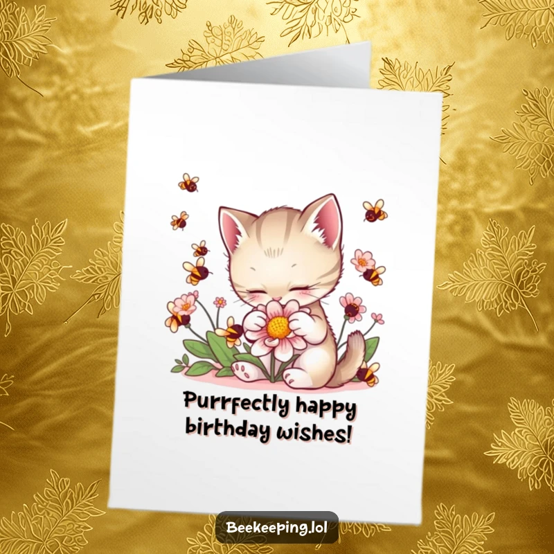 Funny Free Printable Birthday Card: Tiny kitten gently pets a flower while happy bees buzz nearby. A sweet, humorous design.