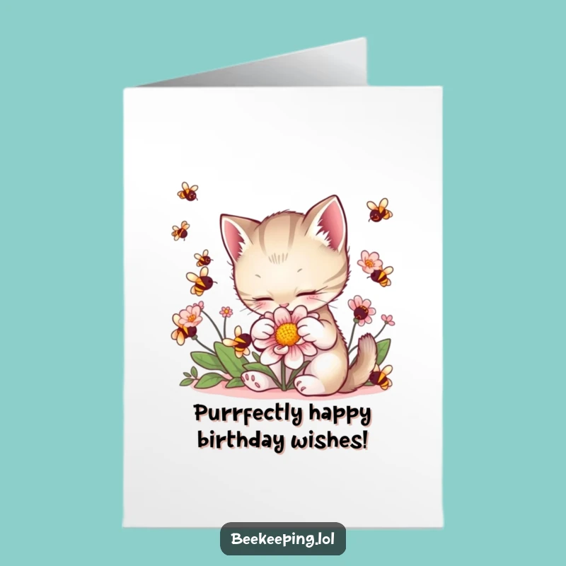Free Printable Birthday Card: Funny Kitten Petting Bees, Adorable Downloadable Gift