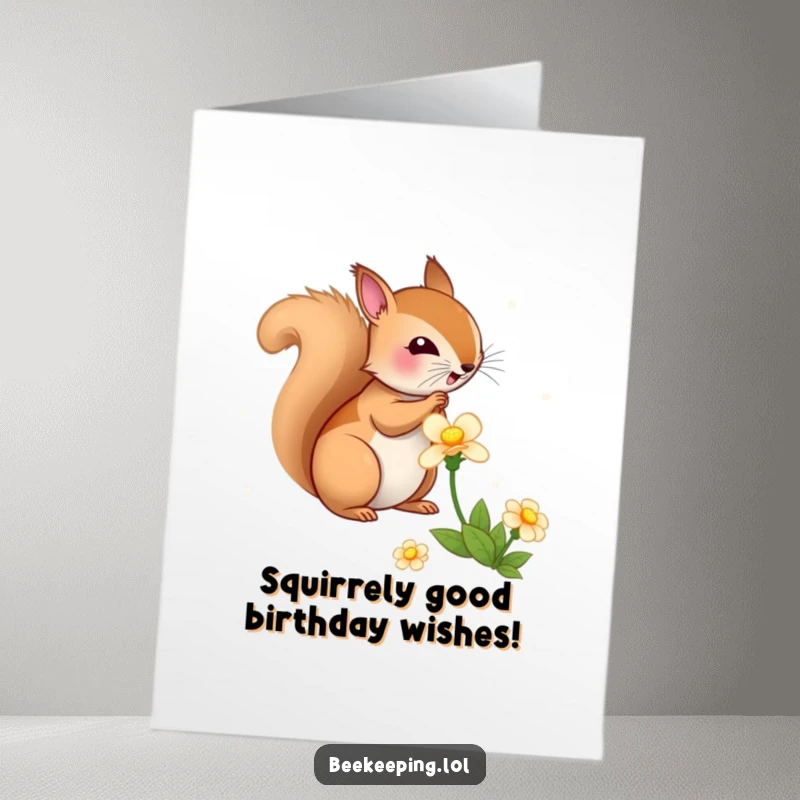 Funny free printable birthday card featuring a bouncy squirrel gathering nectar, wishing a happy birthday.