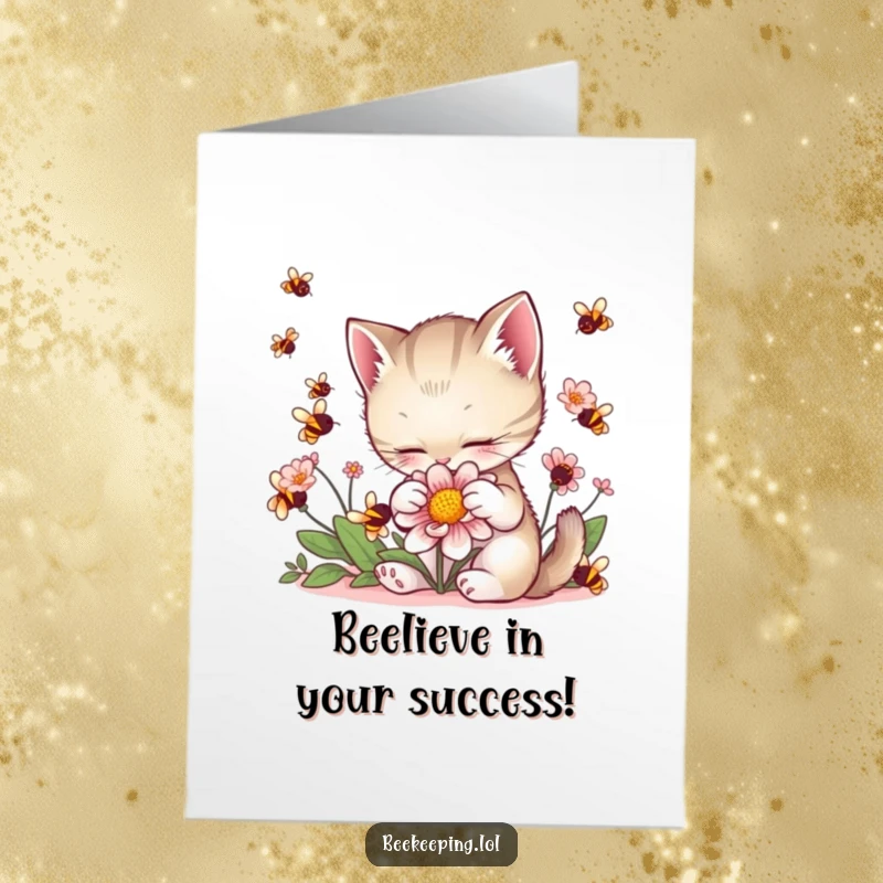 Funny Free Printable Congrats Card: A cute kitten gently pets a flower surrounded by cheerful buzzing bees. A delightful design.