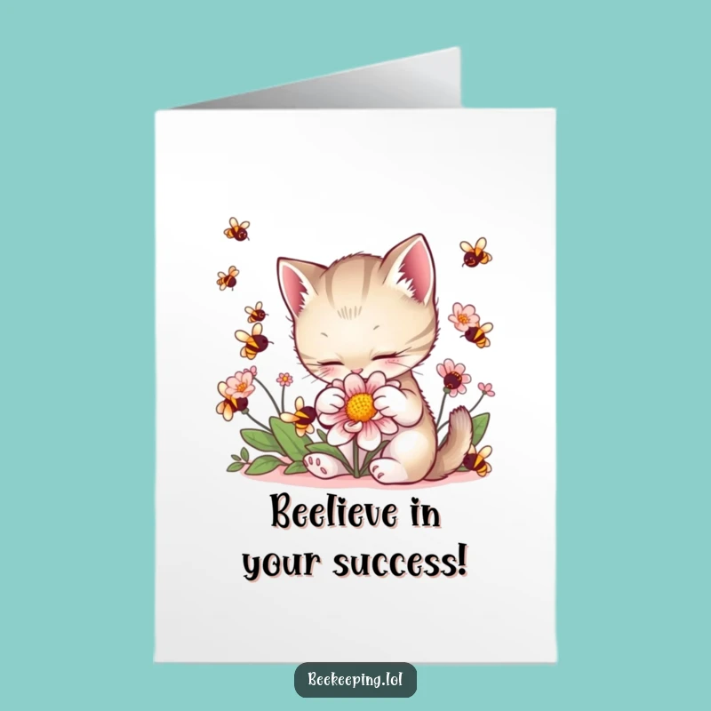 Free Printable Congrats Card: Kitten & Bees, Funny Downloadable for Any Celebration