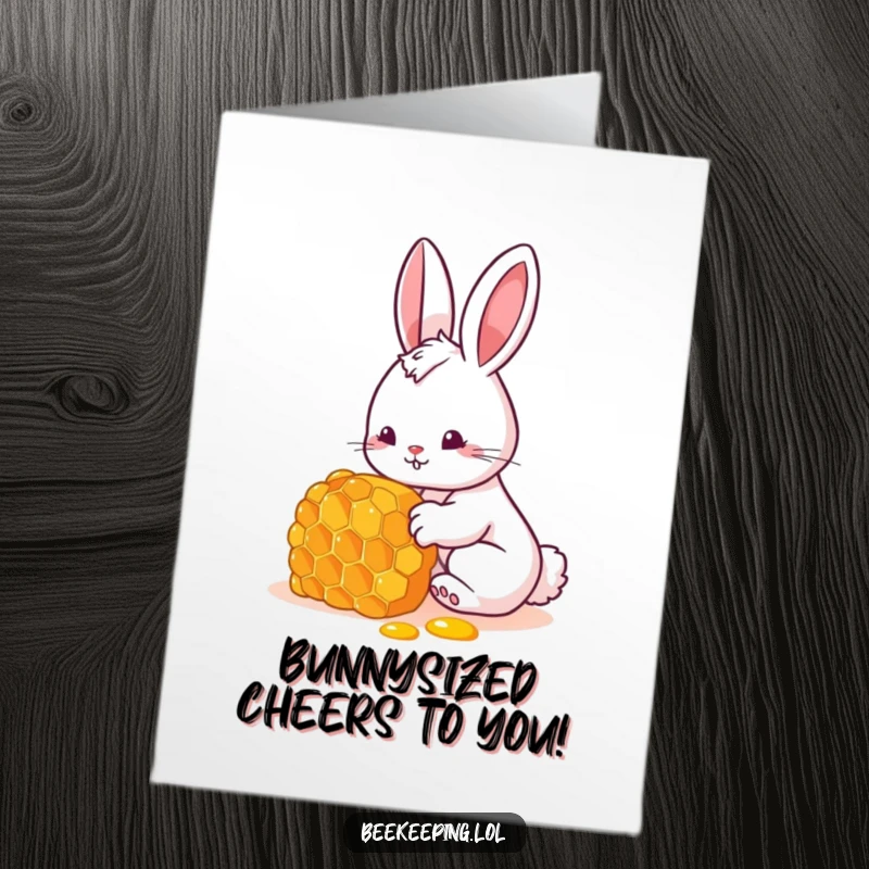 Funny Free Printable Congratulations Card: Excited bunny discovering a honeycomb, celebrating achievements with sweet, delightful humor.