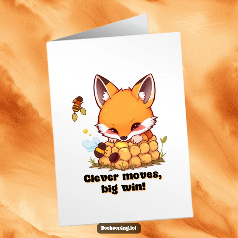 Funny Free Printable Congratulations Card: A curious fox examining a bubbling beehive, a unique downloadable gift.
