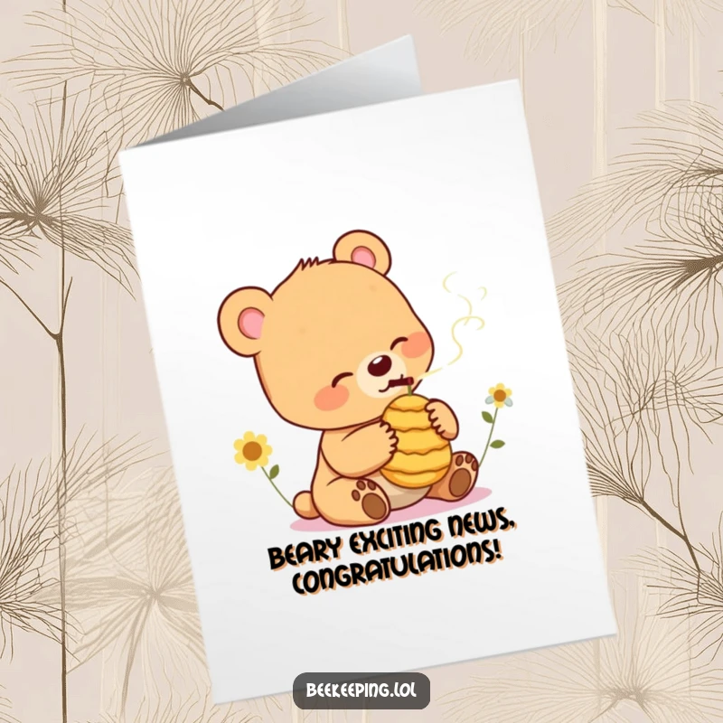 Funny Free Printable Bear Cub Congratulations Card a cheerful cub with a beehive, a funny congratulatory downloadable card.