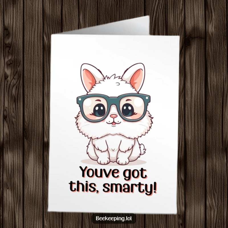 Funny Free Printable Congratulations Card featuring a fluffy bunny in oversized reading glasses, celebrating smart success.