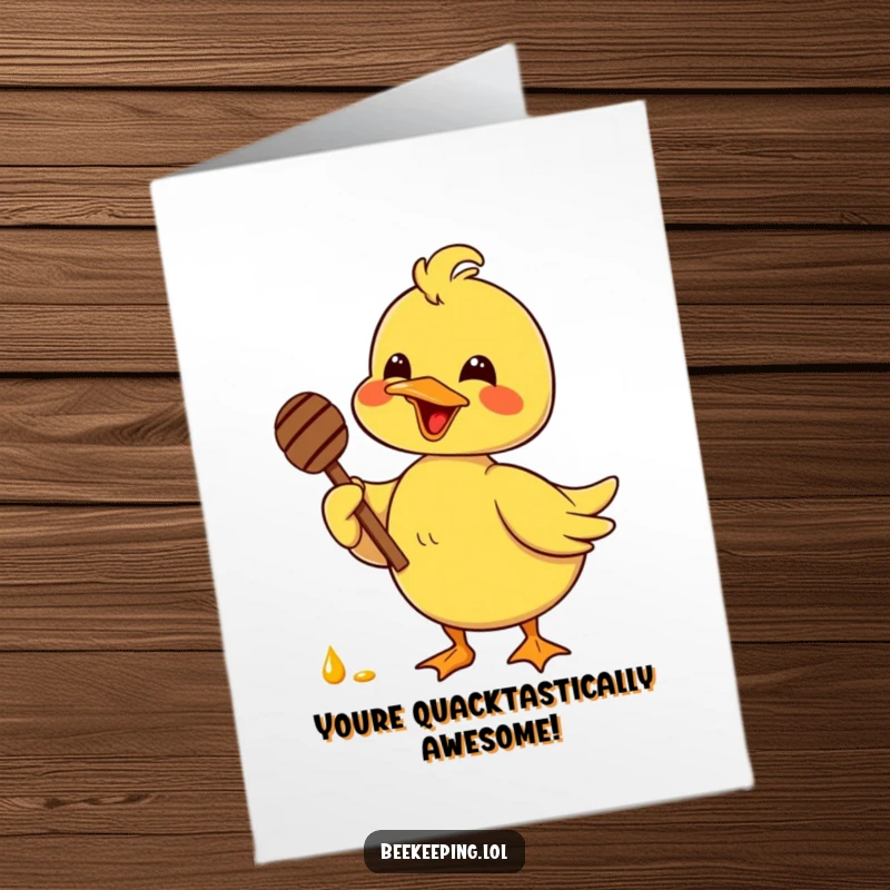Funny Free Printable Congratulations Card of a delighted duck holding a honey dipper, celebrating good fortune.