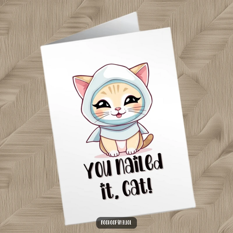 Funny Free Printable Congratulations Card: A giggling cat in beekeeper gear, celebrating achievements with joy.