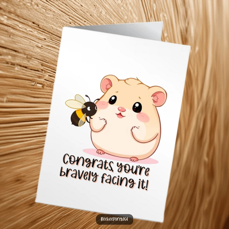 Funny Free Printable Congratulations Card art of a plump hamster wide-eyed at an oversized bee, ideal for downloadable congrats.