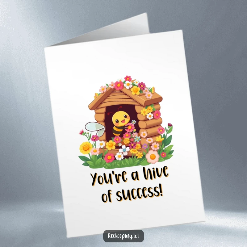Funny Free Printable Congratulations Card: A busy bee gathering from a colorful flower hive, ideal for a downloadable gift.