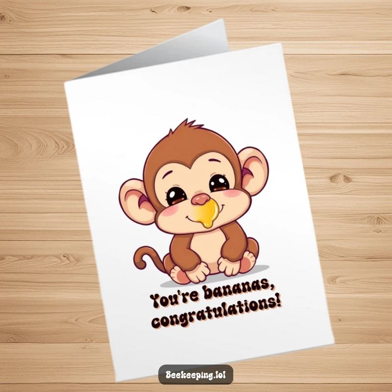 Funny Free Printable Congratulations Card: A silly monkey with a little honey on its nose, looking slightly guilty but happy. Humorous and sweet.