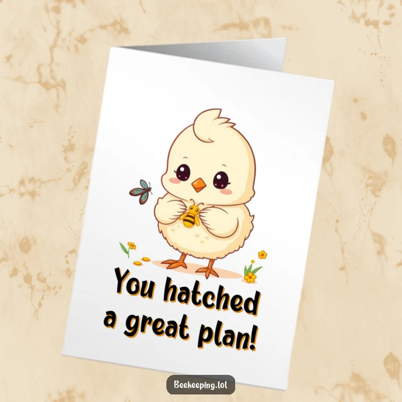 Funny Free Printable Congratulations Card: Fluffy chick busy gathering nectar, celebrating good fortune.