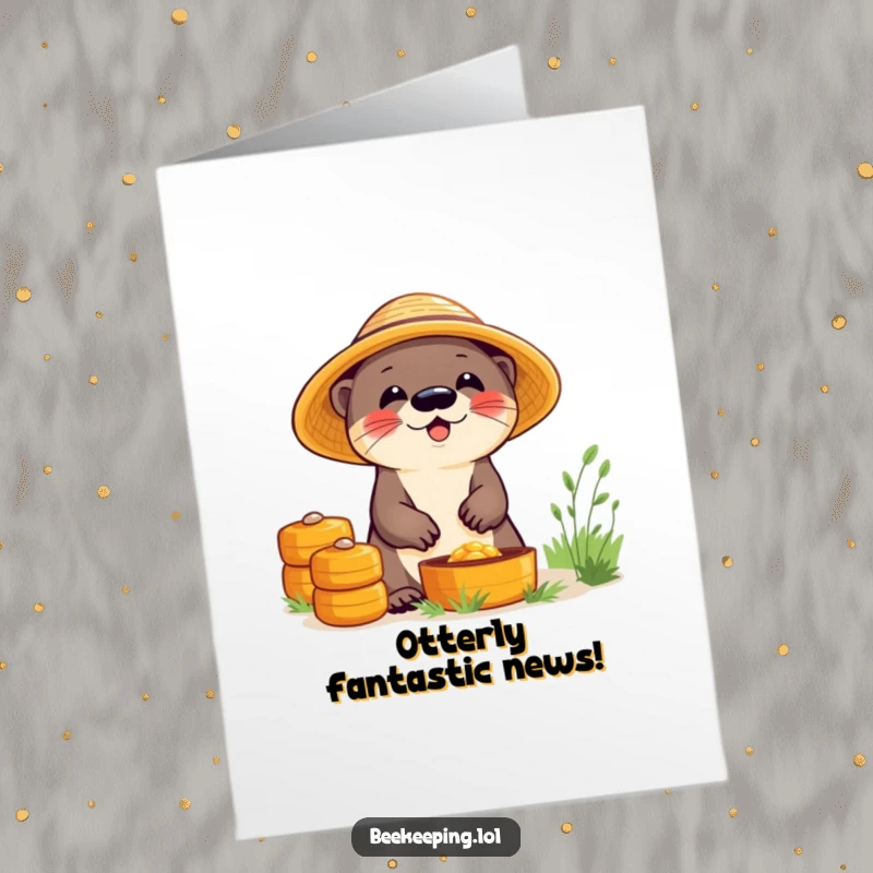 Funny Free Printable Congratulations Card: Giggling otter in straw hat with beehives, celebrating success with a cute, downloadable message.