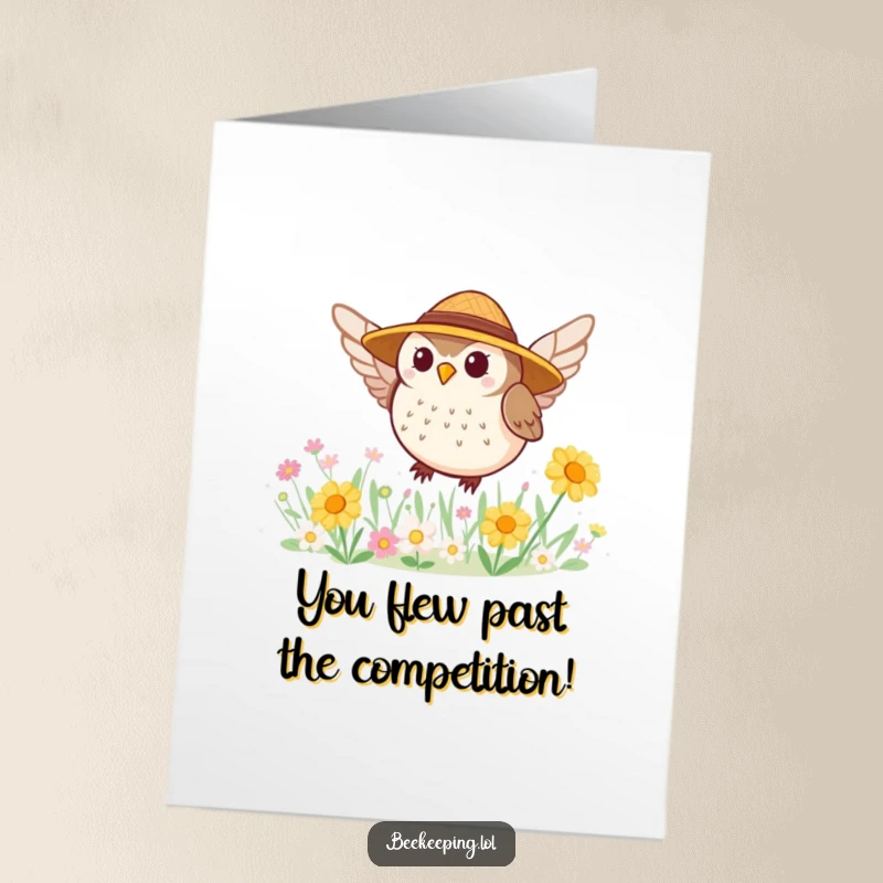 Funny Free Printable Owl Congrats Card: A tiny owl in a straw hat buzzing near flowers, celebrating success.