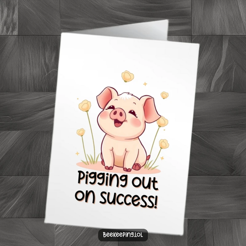 Funny Free Printable Congratulations Card: Delighted piglet watching floating seed heads, a cheerful and humorous downloadable card for celebrations.