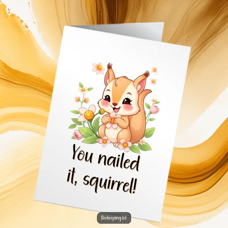 Funny Free Printable Congratulations Card: Smiling squirrel collecting flower nectar, a humorous and cute downloadable card for celebrations.
