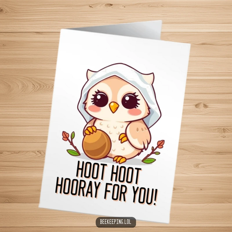 Funny free printable congratulations card showing a smiling owl beekeeper celebrating a sweet achievement.