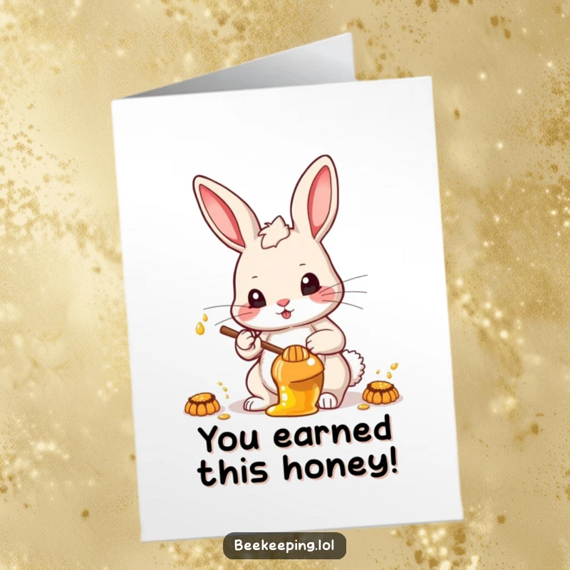 Free Printable Congratulations Card: A determined rabbit collects honey with focus, embodying success and accomplishment.