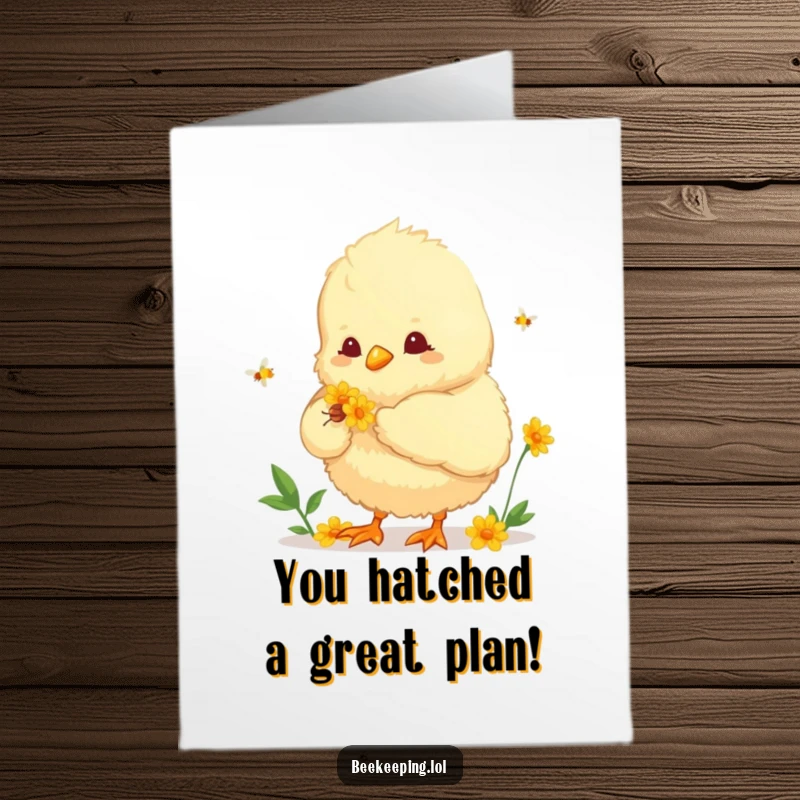 Funny Free Printable Congratulations Card: A fluffy chick diligently gathering nectar with a tiny basket.