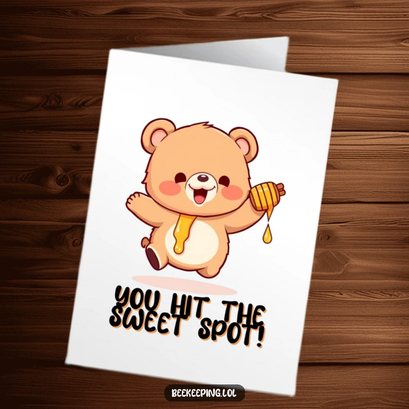 Funny Free Printable Bear Congrats Card: Excited bear holding a dripping honey pot, celebrating a sweet success.