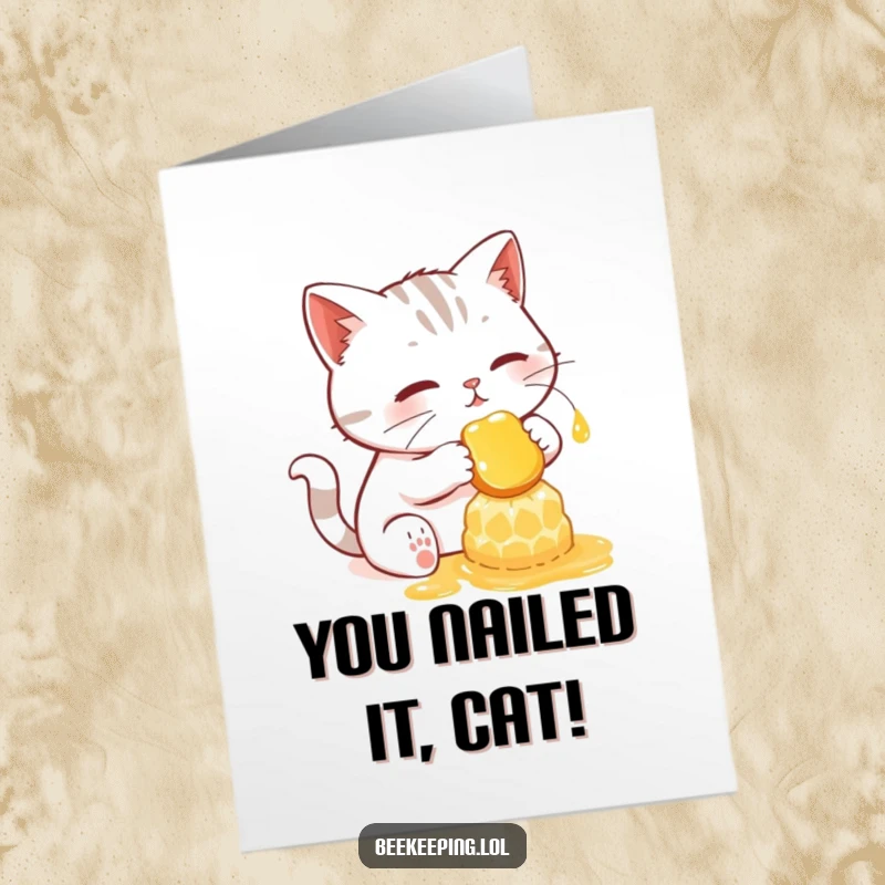 Funny Free Printable Congratulations Card: A cat carefully collects honey from a luminous comb.
