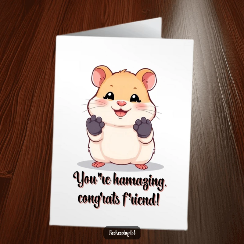 Funny Free Printable Congratulations Card: Smiling hamster in tiny gloves, ready to tackle any challenge.