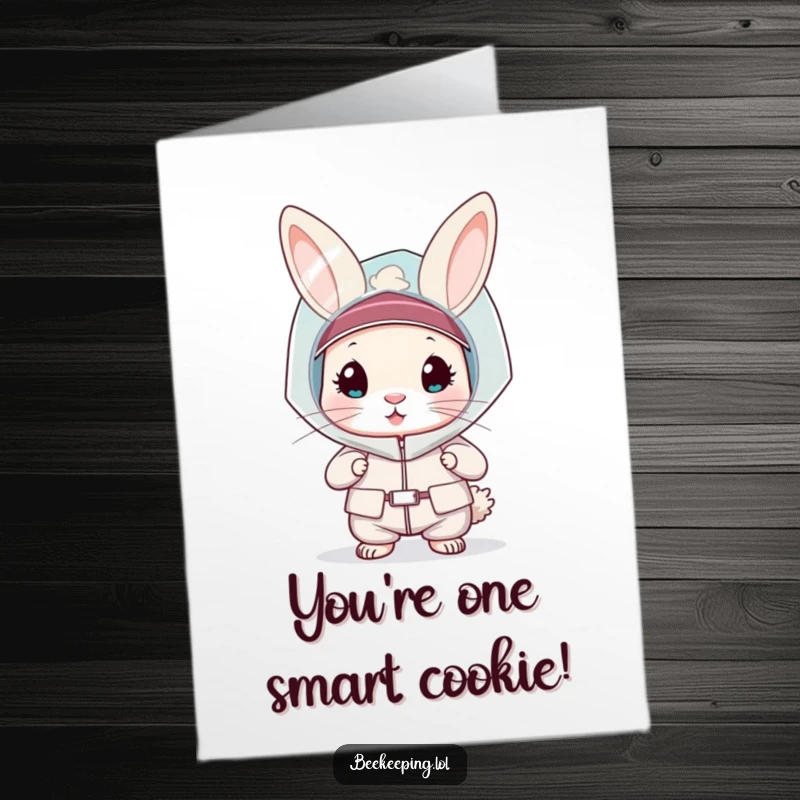 Funny Free Printable Congrats Card: Curious rabbit in a bee veil and suit, celebrating boldness.