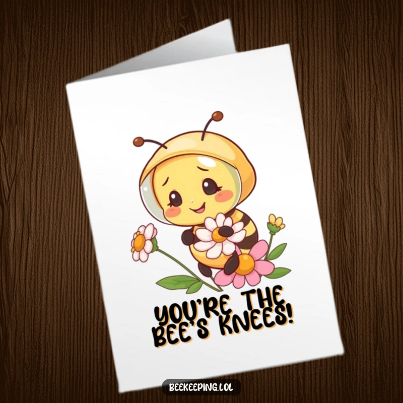 Funny Free Printable Bee Congratulations Card: Happy bee in veil congratulates with a flower, ideal for joyous DIY cards.