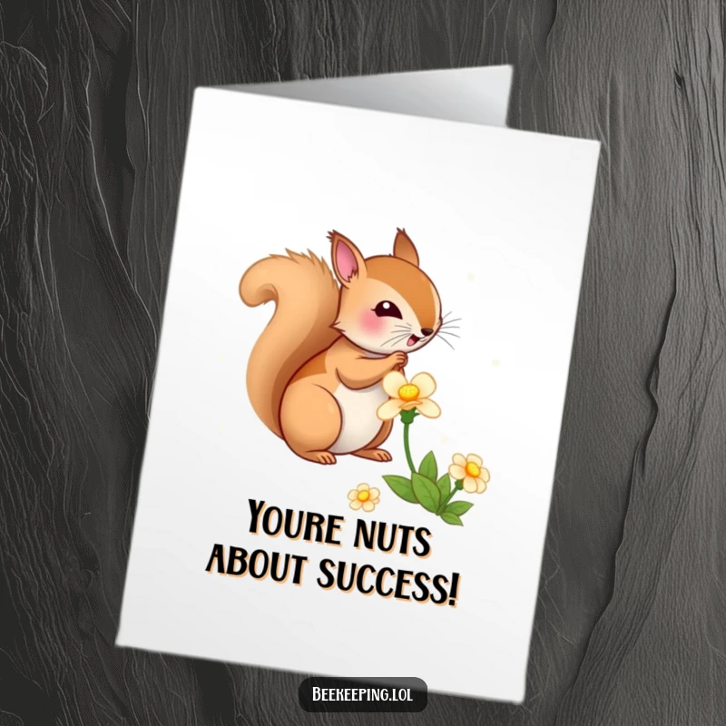 Funny free printable congratulations card with a bouncy squirrel celebrating an achievement with nectar.