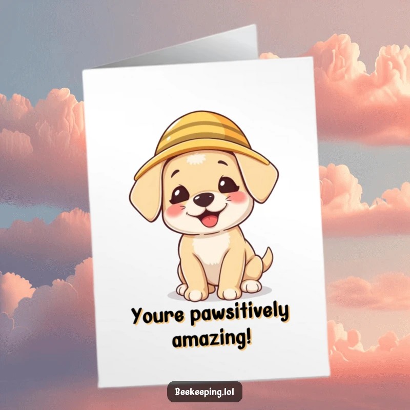 Funny free printable congratulations card showing a giggling puppy in a beekeeper hat celebrating.