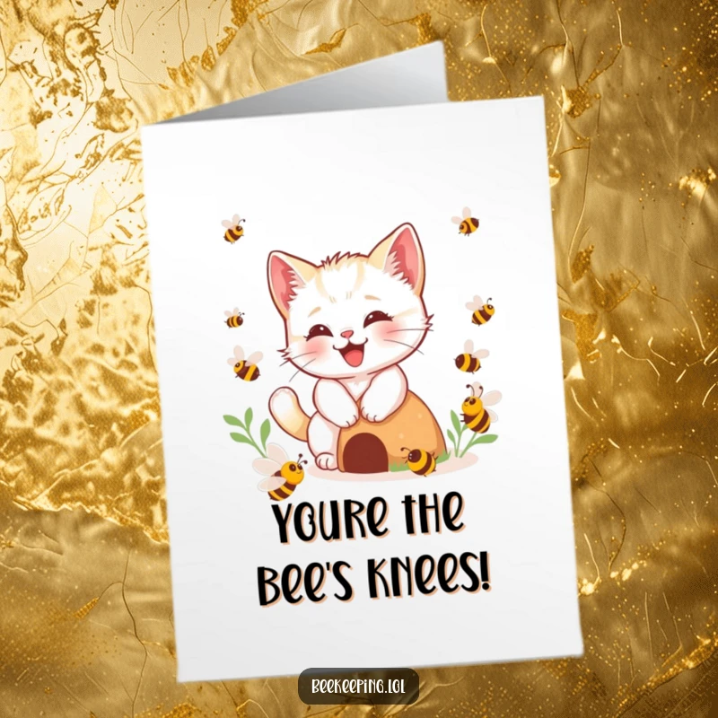 Funny Free Printable Congratulations Card: Happy kitten buzzing playfully near a hive, celebrating success.