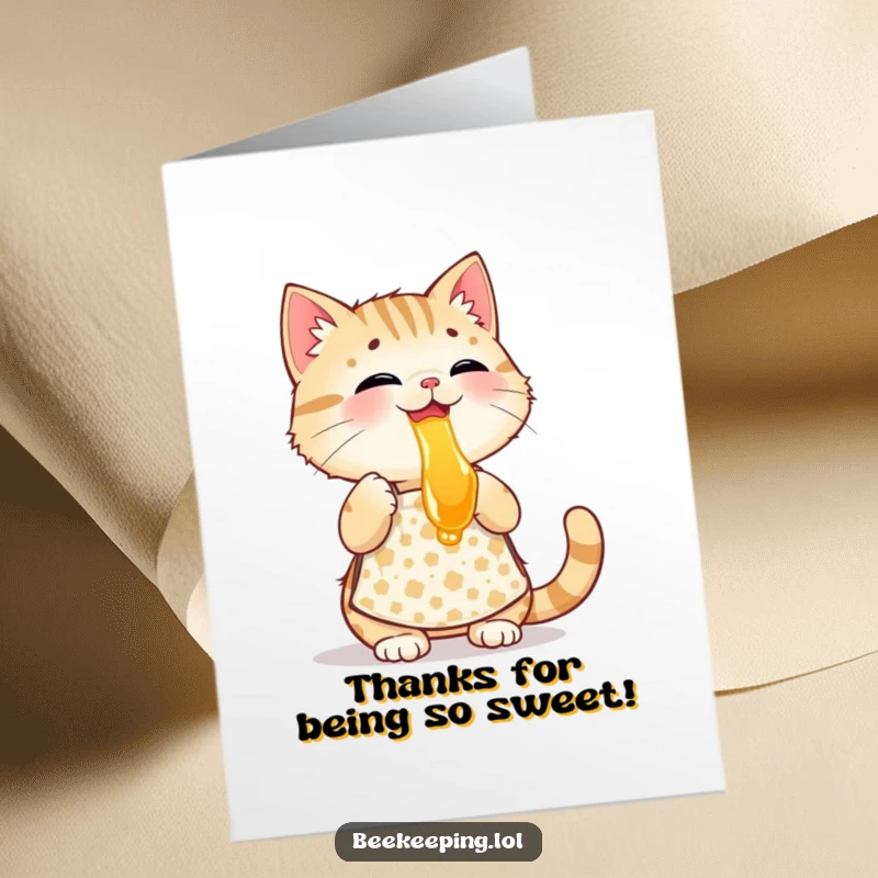 Funny Free Printable Cat Thank You Card: Playful cat in apron tastes honey, perfect for charming DIY thank yous.
