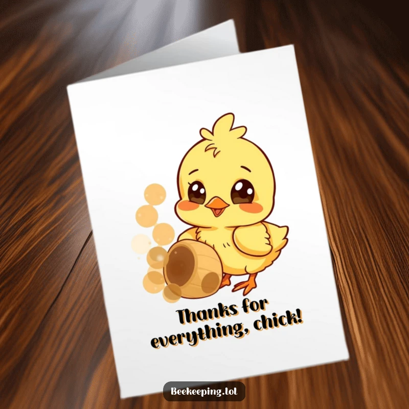 Funny Free Printable Chick Thank You Card: A cheerful chick happily pecking a honeycomb, conveying warm appreciation.