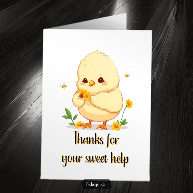 Funny Free Printable Thank You Card: A fluffy chick helping collect nectar from a vibrant flower.