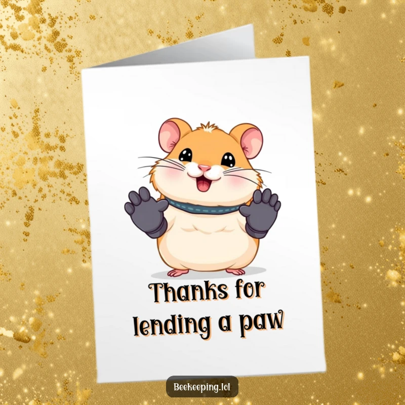Funny Free Printable Thank You Card: A smiling hamster wearing tiny work gloves, ready to assist.