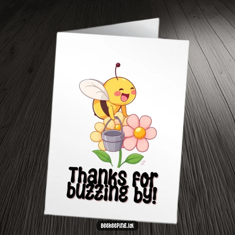 Funny Free Printable Thank You Card: A happy bee with a small bucket on a smiling flower.