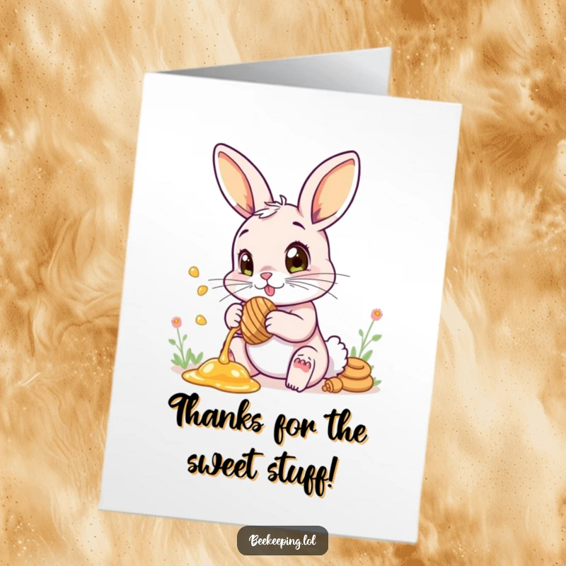 Funny Free Printable Thank You Card: A bunny collecting honey with eyes wide in wonder, a sweet downloadable gift.