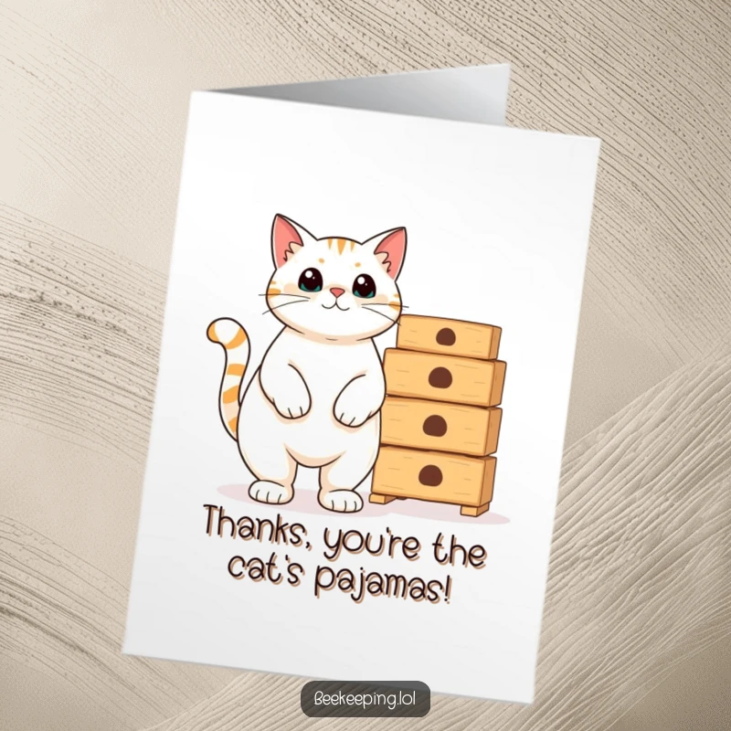Funny Free Printable Thank You Card: A proud cat posing by empty beehives, offering a dignified thank you. Cute and funny.