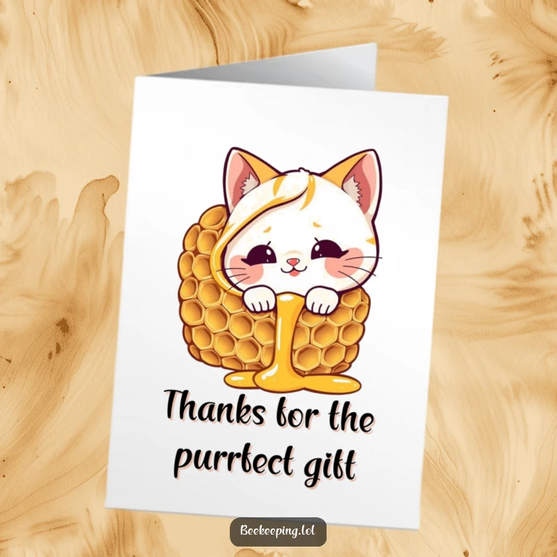 Funny Free Printable Thank You Card: Curious cat eyeing dripping honeycomb, expressing sweet gratitude.