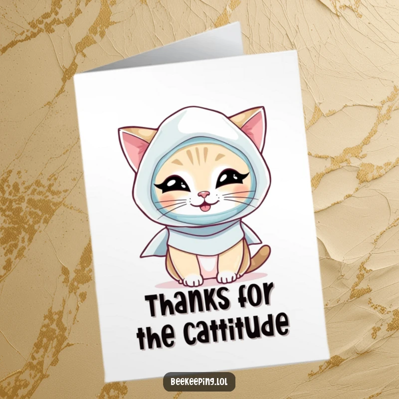Funny Free Printable Thank You Card: A giggling cat in a protective veil and smock, sending thanks.