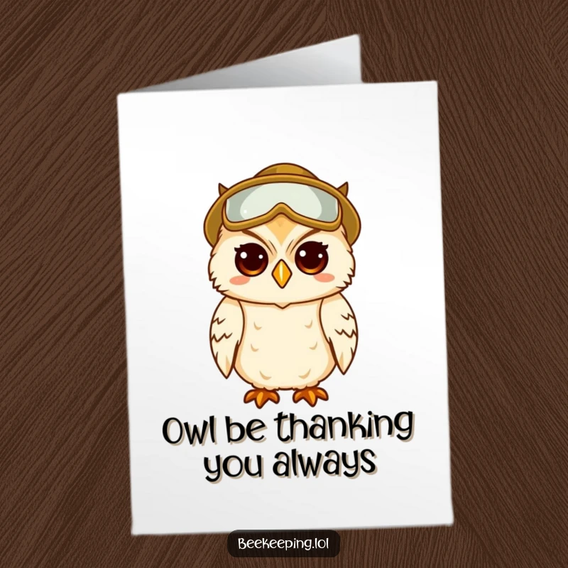 Funny Free Printable Thank You Card: A wise and amused owl in beekeeper gear, a perfect downloadable gift for thanks.