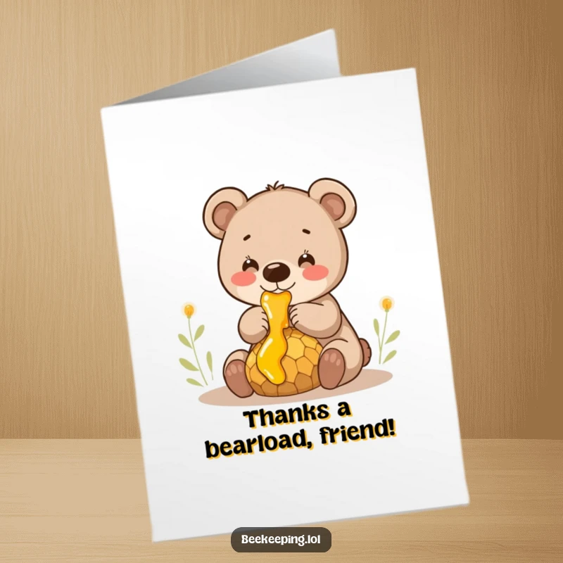 Funny Free Printable Bear Cub Thank You Card: Smiling cub collects honey, perfect for unique DIY thank you notes.