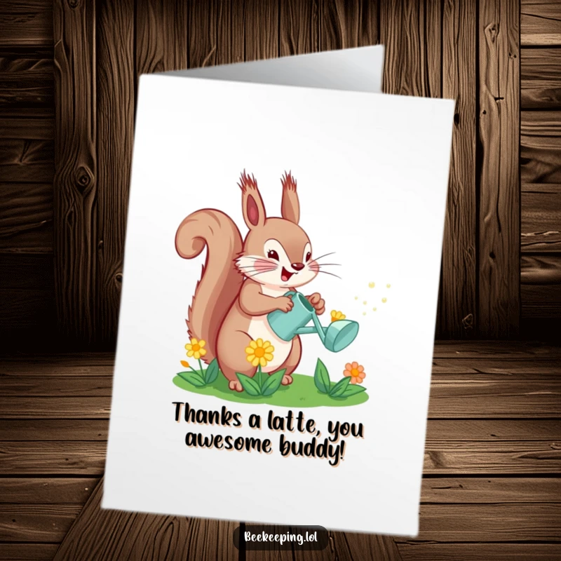 Funny Free Printable Thank You Card: A squirrel is enthusiastically watering a flower with a tiny watering can. A cute, funny design.