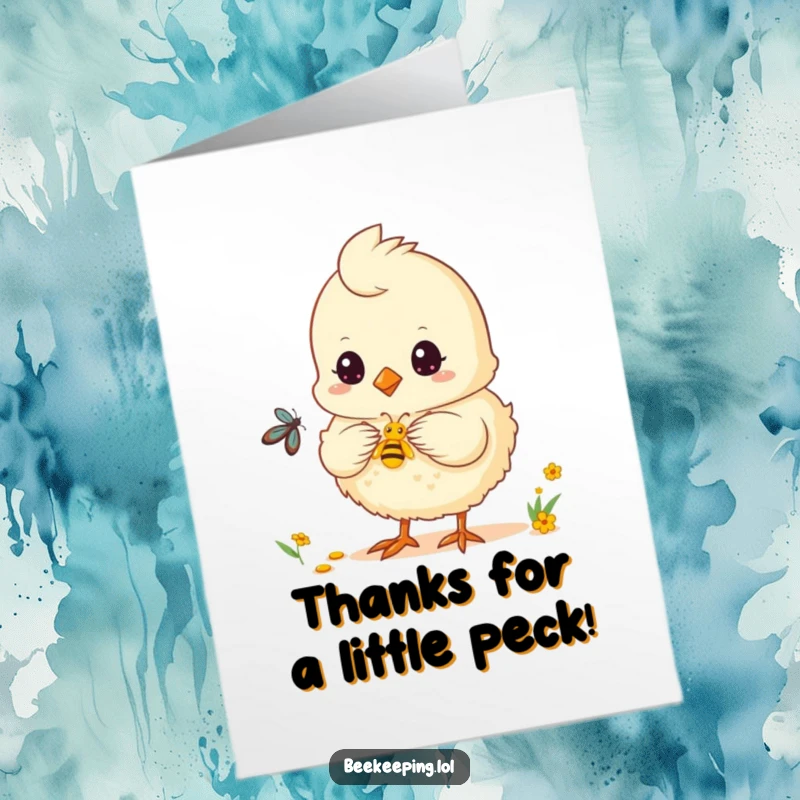 Funny Free Printable Thank You Card: Fluffy chick holding a drop of nectar, saying thank you.