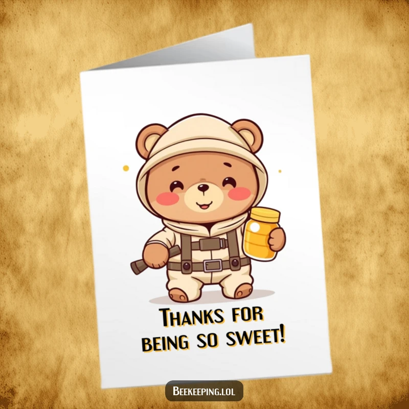 Free Printable Thank You Card: A happy bear in a beekeeper suit proudly holds a jar of honey, saying thanks.