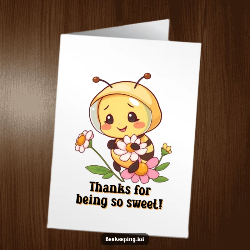 Funny Free Printable Bee Thank You Card: Happy bee in veil offers flower, perfect for heartfelt DIY thank yous.